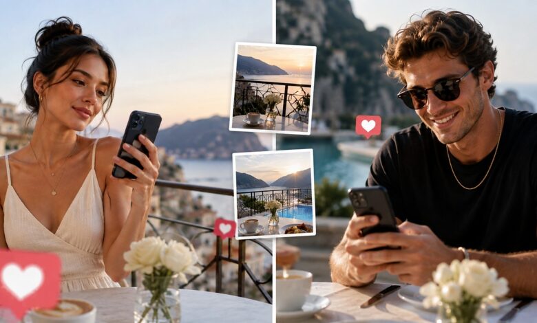 Homem e mulher em cenários semelhantes levantam suspeitas de romance secreto nas redes sociais