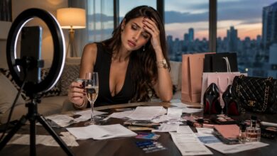 Influenciadora cercada por compras e contas mostra que a vida de luxo nas redes pode ter um custo alto.