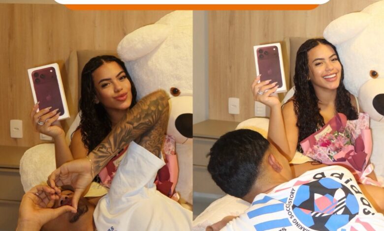 Eduarda Gutierrez recebeu um iPhone 18, flores, chocolates e outros mimos, segundo postagem nas redes sociais.