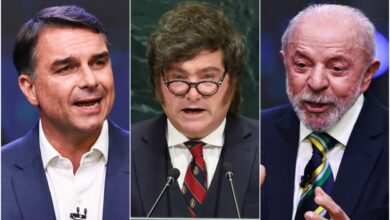Debate sobre modelo econômico de Milei e impactos sociais na campanha de Flávio Bolsonaro no Brasil.