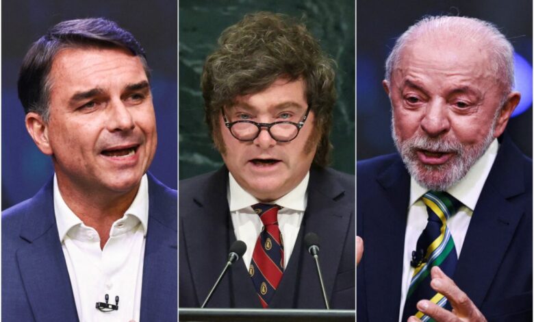 Debate sobre modelo econômico de Milei e impactos sociais na campanha de Flávio Bolsonaro no Brasil.
